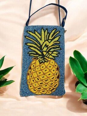 Bamboo Trading Company Pineapple Hand Beaded Mini Crossbody 4.5"x7.5" Bag Purse